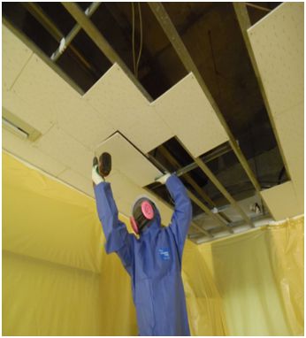 석면(텍스)해체 작업 중